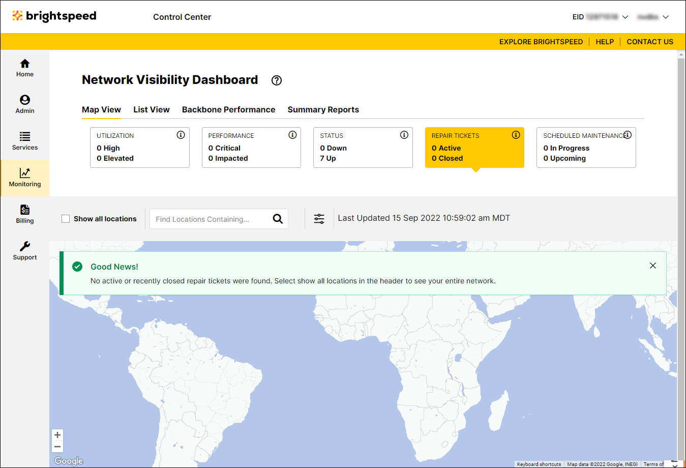 Network Visibility (showing Repair Tickets tab)