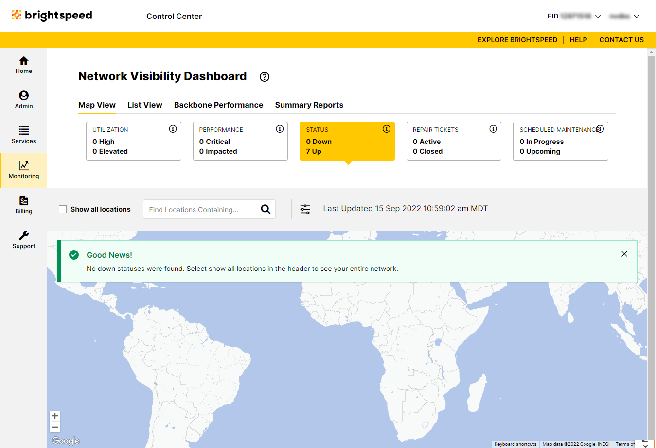 Network Visibility (showing Status tab)